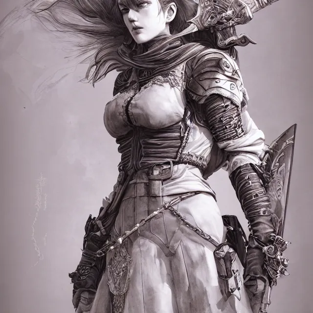 Image similar to the portrait of neutral evil fallen female knight vagabond as absurdly beautiful, gorgeous, elegant, sophisticated, woman, an ultrafine hyperdetailed illustration by kim jung gi, irakli nadar, intricate linework, bright colors, octopath traveler, final fantasy, unreal engine 5 highly rendered, global illumination, radiant light, detailed and intricate environment