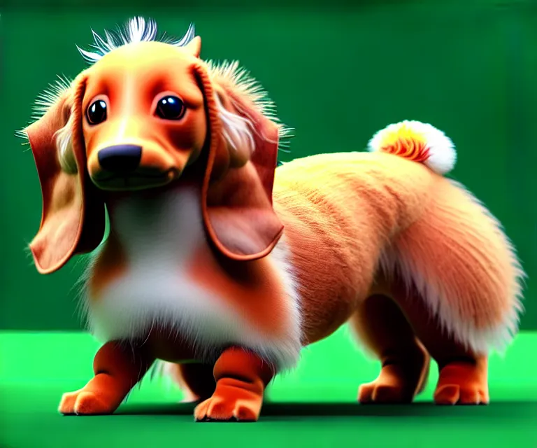 Image similar to high quality 3 d render hyperrealist very cute fluffy dachshund - pokemon, plush mascot, long spiky fluffy smooth hair, photo from the side, multi pastel colors, vray, smooth background, artstation, ultra detailed