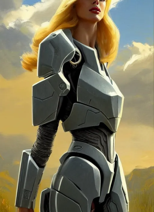 Image similar to A combination of Adriana Dxim's and Grace Kelly's and Ashley Greene's appearances with blonde hair wearing Forerunner armor from Halo, countryside, calm, fantasy character portrait, dynamic pose, above view, sunny day, thunder clouds in the sky, artwork by Jeremy Lipkin and Giuseppe Dangelico Pino and Michael Garmash and Rob Rey and Greg Manchess and Huang Guangjian, very coherent asymmetrical artwork, sharp edges, perfect face, simple form, 100mm