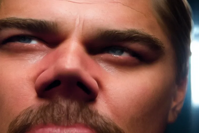 Prompt: close-up of Leonardo DiCaprio as a drug addict in abstinence in the new movie directed by Gaspar Noé, movie still frame, promotional image, symmetrical shot, idiosyncratic, relentlessly detailed, limited colour palette