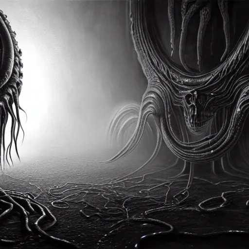 Image similar to Vicariously I, live while the whole world dies, ultra realist soft painting of the world of Lovecraft Elden Ring and Giger, gigantic oily tentacles and eyes, very intricate details, ultra dense fog, golden ratio, volumetric black and white lighting, reflections, refractions, symmetry accurate anatomy features, octane render