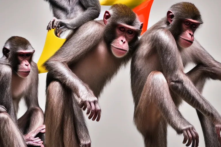 Image similar to Contamporary art fashion photography of ultra mega super hyper realistic detailed group of ultra mega super hyper realistic detailed monkey's in ultra mega super hyper realistic detailed colourful sport suits . Photo shot from 30m distance on ultra mega super hyper Leica Q2 Camera, Rendered by DaVinci Resolve