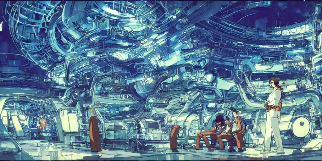 Prompt: goa psytrance spaceship factory, art by makoto shinkai and alan bean, yukito kishiro