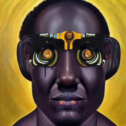 Image similar to a realistic oil painting of a black man as a cybernetic cyborg, surrealism portrait, surrealism album cover