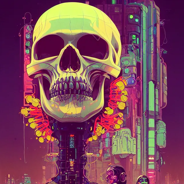 Prompt: a beautiful portrait painting of a ( cyberpunk ) skull by simon stalenhag and pascal blanche and alphonse mucha!!! and nekro! and josan gonzalez!. in style of digital art. colorful comic, film noirs, symmetry, brush stroke, vibrating colors, hyper detailed. octane render. trending on artstation