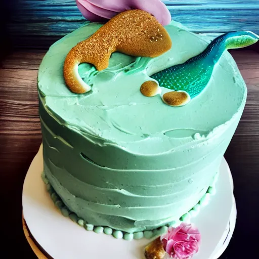 Prompt: mermaid cake, advertisement, food photography,