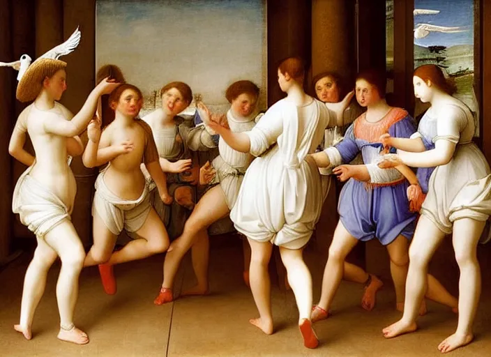 Image similar to realistic museum photography of a painting with a group of girls wearing white shorts, dancing with white pigeons in a wooden room in style raffaello sanzio, italian renaissance painting, detailed