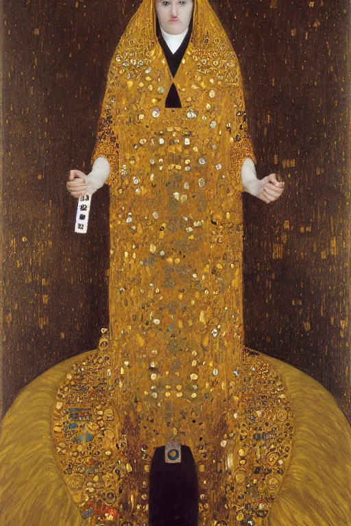 Prompt: portrait, vampire nun, opulent gold embroidered habit, art by klimt and jacek malczewski