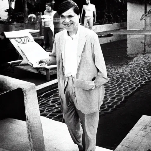 Image similar to black and white photo tom jobim in a pool with vinicius de moraes