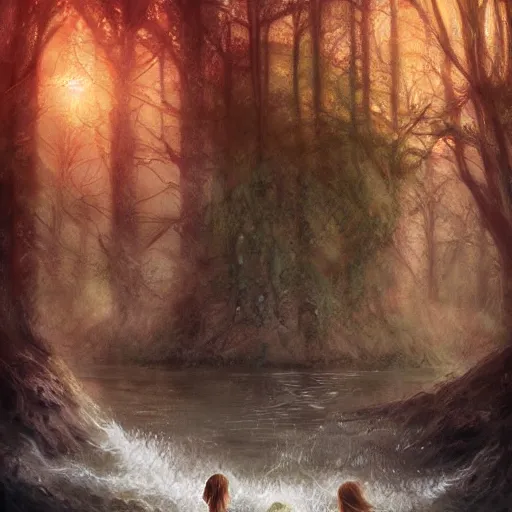 Prompt: girls in a fantasy river by leesha hannigan, fantasy, artwork, digital art, detailed faces