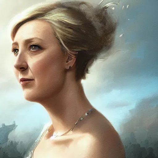 Image similar to Portrait of Marine le Pen , french revolution, amazing splashscreen artwork, splash art, head slightly tilted, natural light, elegant, intricate, fantasy, atmospheric lighting, cinematic, matte painting, detailed face, by Greg rutkowski