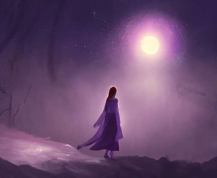 Prompt: an illustration of a mystical spiritual scene with a young woman in it, with starry dusted light and a moon, purple - tinted, high contrast, highly detailed, sharp focus, digital painting, illustration, trending on artstation,