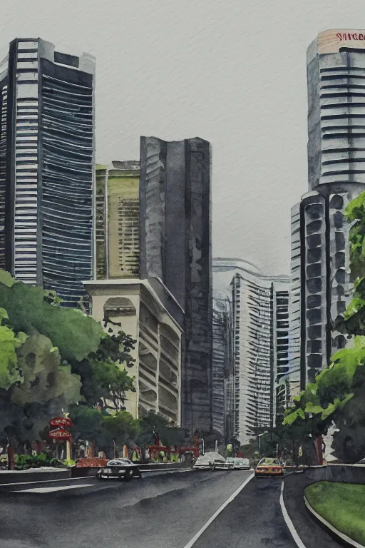 Image similar to a watercolor depicting an empty singapore city, gloomy weather, high contrast, smooth, by joseph zbikowicz, 8 k