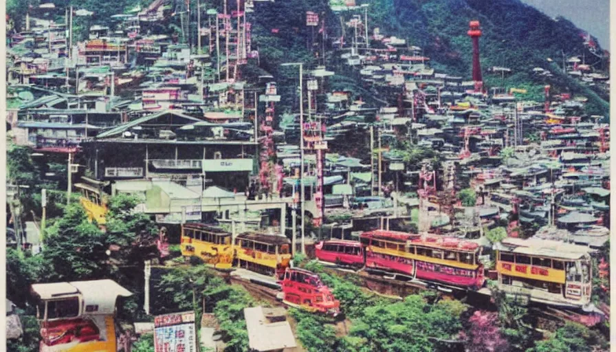 Image similar to A 1980s Japanese advertisement for a futuristic dream mountain town eco city themed like Jiufen, cable cars, flying cars, escalators, colorful