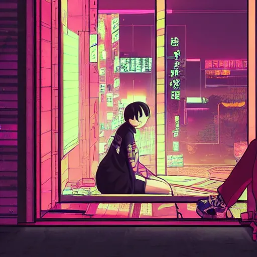 Image similar to cyberpunk girl sitting inside an empty store being looked at through the window in the style of satoshi kon, soft anime illustration, dark neon colors, soft ambience, beautiful composition, backlit, lots of details