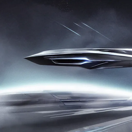 Prompt: a distant photo of a futuristic aston martin concept spaceship with clean lines, gunmetal grey paint : : flying through a supernova at extreme speeds : : concept art, trending on artstation, speedpaint