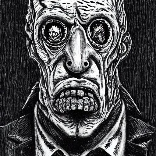 Prompt: a Pop Wonder scary horror themed goofy-hilarious-swamp-bog-monster-spaced-out-dead-head-with-space-in-his-oraphus, 3-piece-suit, dime-store-comic drawn with charcoal and pen and ink, half-tone-line-stacking