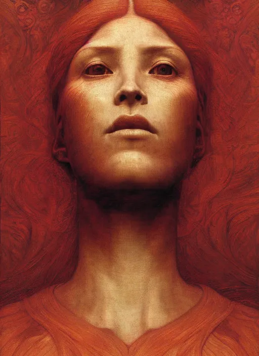 Image similar to Woman masterpiece, red, golden halo behind her head, by Edgar Maxence and Ross Tran, Zdzisław Beksiński, and Michael Whelan, distant, gustav dore, H.R. Giger, 8k, octane render