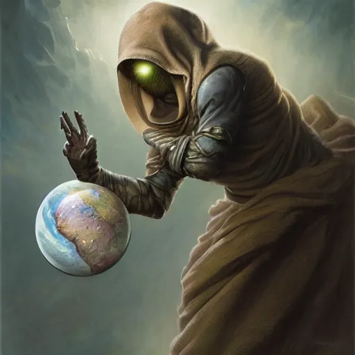 Image similar to masked nomad male wearing a cloak on an alien world and holding a holographic planet projection in his hand, detailed, sci - fi, digital painting, artstation, sharp focus, illustration, ominous, artgerm, tomasz alen kopera, peter mohrbacher, donato giancola, joseph christian leyendecker, wlop, frank frazetta