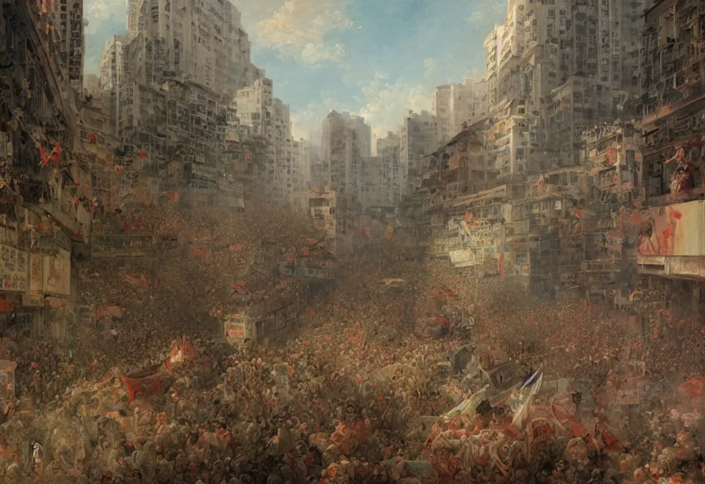 Prompt: 2 0 2 1 hong kong riot by jean honore fragonard. city buildings in the background.