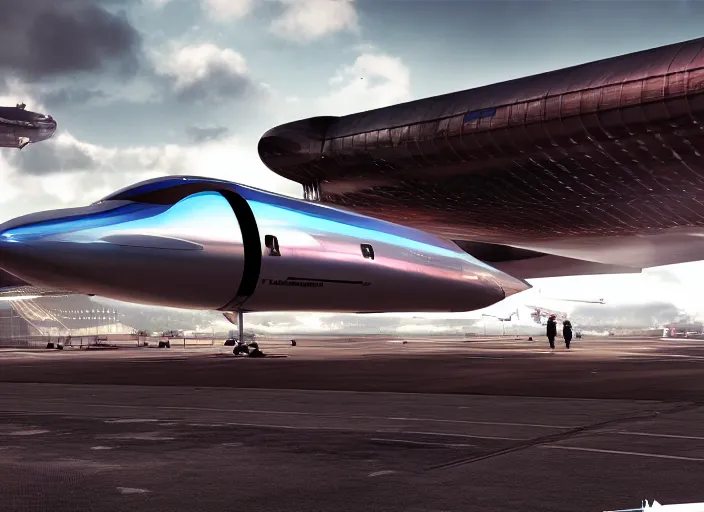 Image similar to futuristic jet plane arrives at runway of cyberpunk airport,cinematic lighting, concept art