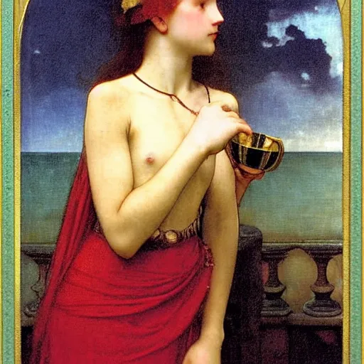 Image similar to Girl with a blood chalice at the palace, thunderstorm, pool, beach and palm trees on the background major arcana sky, by paul delaroche, alphonse mucha and arnold böcklin arnold böcklin hyperrealistic 8k, very detailed