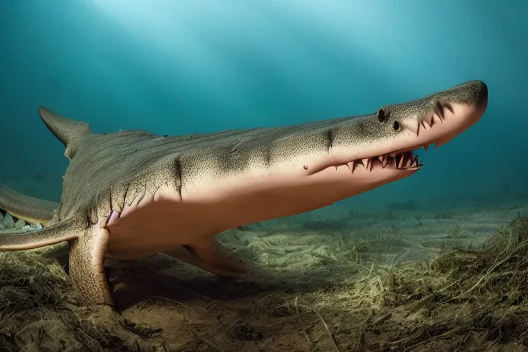 Image similar to a crocodile shark!!! hybrid! hyper realistic!! realistic lighting!! wildlife photographer of the year!!! bold natural colors, national geographic, hd, wide angle, 8 k