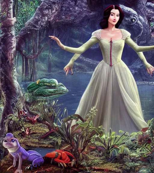 Image similar to film still of Monica Bellucci as snow white in a forest by a pond with frogs, by artgerm, makoto sinkai, magali villeneuve, Gil Elvgren, Earl Moran,Enoch Bolles, symmetrical,