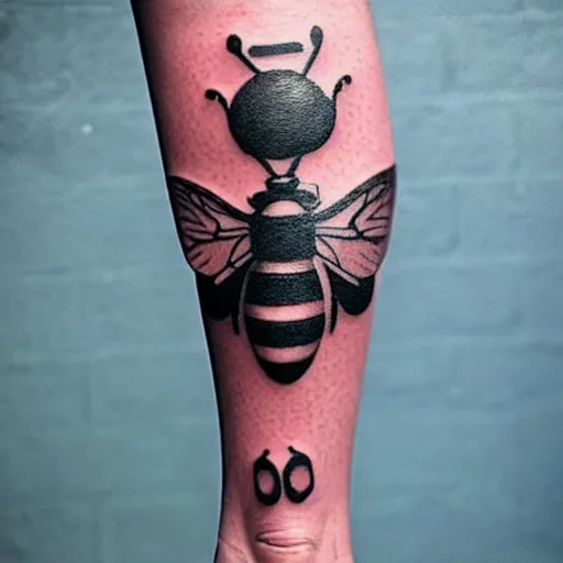 Prompt: a detailed tattoo of large fork in the style of bee movie on a female leg, wearing cute crimson - black bee - themed skirt, cinematic lighting, beautiful composition