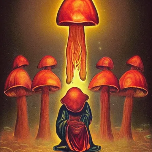 Image similar to acolytes worshipping glowing mushroom, orthodox image