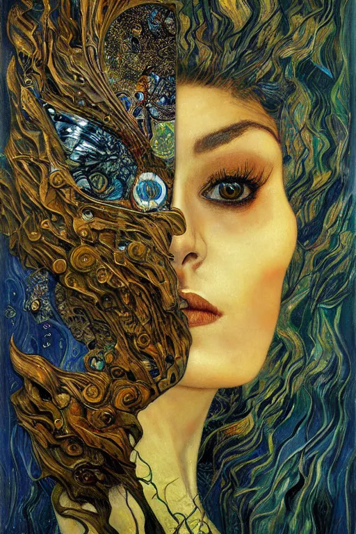 Image similar to Metamorphosis by Karol Bak, Jean Deville, Gustav Klimt, and Vincent Van Gogh, transformation portrait, chimera, visionary, cicada wings, otherworldly, fractal structures, ornate gilded medieval icon, third eye, dynamic, hybrid, fusion, change, spirals