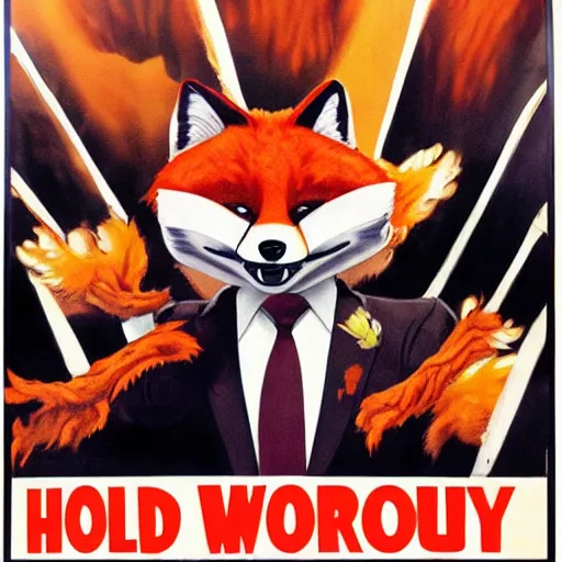 Prompt: hollywood quality poster for an action movie fearing an ahtnropomorphic male foxes in a suit stealing fried chicken, promotional media