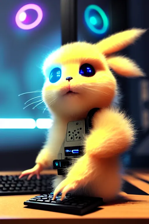 Image similar to high quality 3 d render very cute fluffy cyborg!! mouse plays keyboard, cyberpunk highly detailed, unreal engine cinematic smooth, in the style of blade runner & detective pikachu, hannah yata charlie immer, moody light, low angle, uhd 8 k, sharp focus