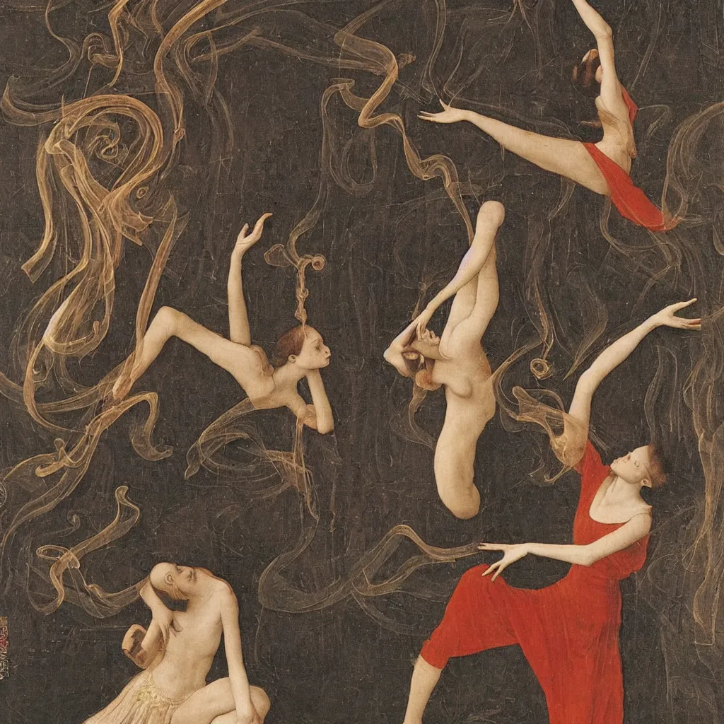 Image similar to a graceful detailed ballerina leaving a chromatic trail of smoke by h. r. giger, by hans memling