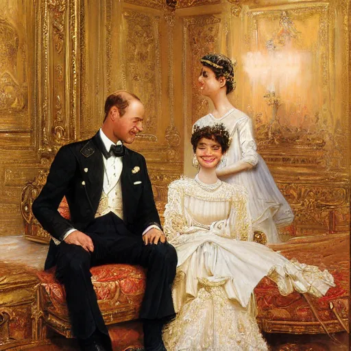 Prompt: detailed painting of young prince william marrying attractive audrey hepburn, highly detailed painting by gaston bussiere, craig mullins, j. c. leyendecker 8 k, smiling couple, royal painting, human face