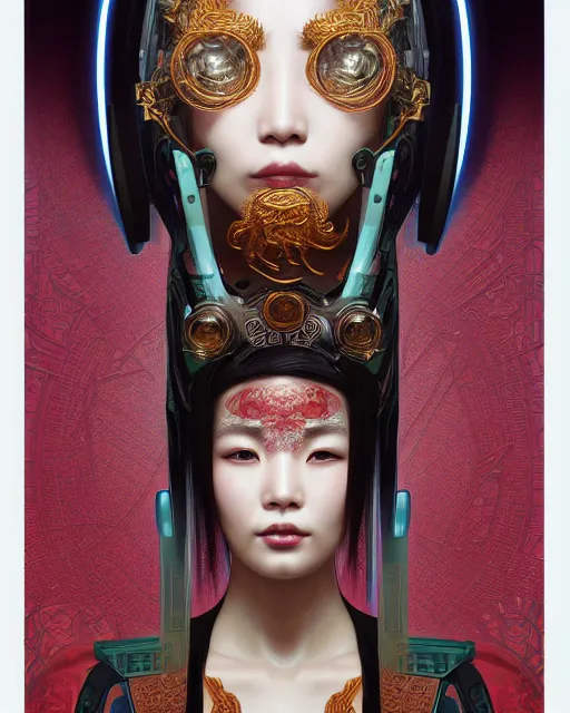 Image similar to portrait of a cyberpunk machine, machine face, upper half portrait, decorated with chinese opera motifs, asian, fine china, wuxia, traditional chinese art, intricate, elegant, highly detailed, symmetry, headpiece, digital painting, artstation concept art smooth sharp focus, illustration, art by artgerm and greg rutkowski alphonse mucha 8 k