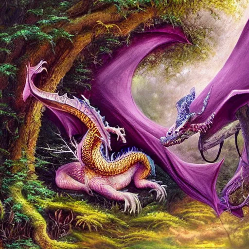 Image similar to Dragon sleeping in a Ethereal fairy forest Oil painting, highly detailed, elaborate