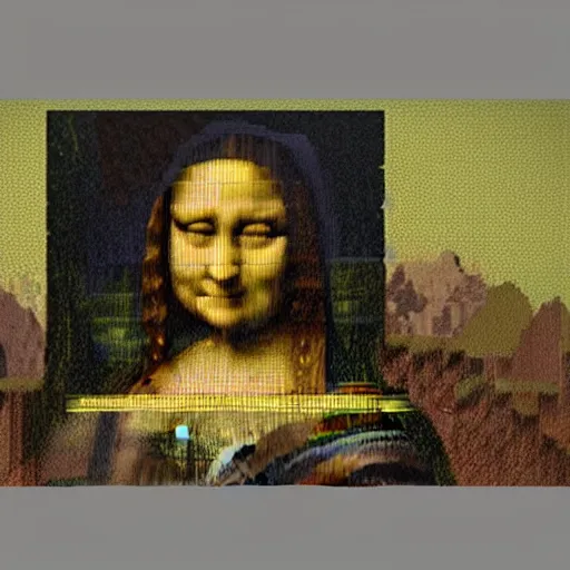Image similar to minecraft dirt block, high definition picture of a painting of a person with a minecraft dirt block as a head on a wall, with only the body of the mona lisa