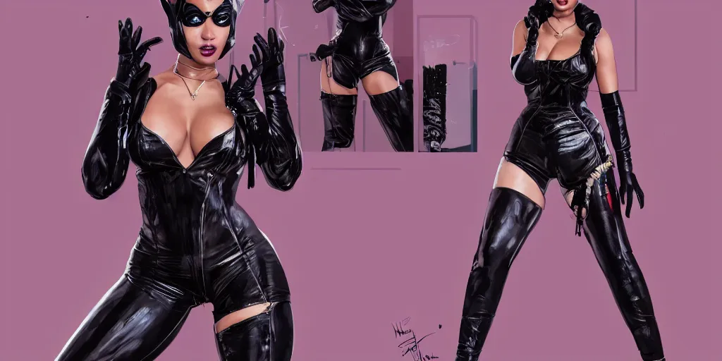 Image similar to portrait of nicki minaj as catwoman, character sheet, concept design, contrast, hot toys, kim jung gi, greg rutkowski, zabrocki, karlkka, jayison devadas, trending on artstation, 8 k, ultra wide angle, pincushion lens effect