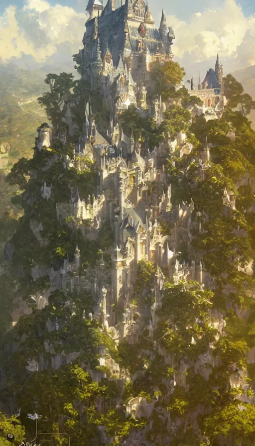 Image similar to castle seen from the sky, cyberpunk, design on white background, beautiful details, lush foliage, drawn by john singer sargent, tom bagshaw, norman rockwell, alphonso mucha, lolish, trending on artstation