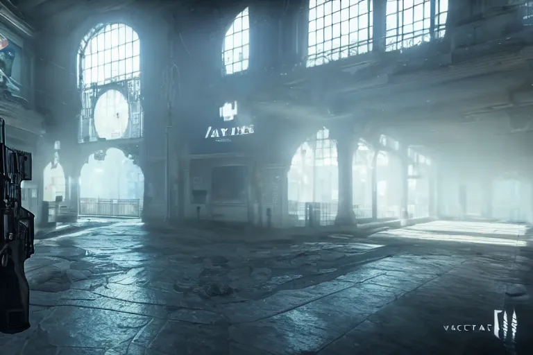Prompt: a first person shooter game trailer on a victorian shopping mall, cinematic lightning, ray tracing, unreal engine 5, photorealistic, holding a ak - 4 7, fps game concept, extremely detailed, foggy, in - game footage