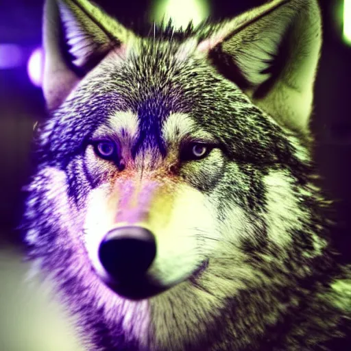 Image similar to portrait of a wolf fursuit at a furry convention, indoors, realisitc photo