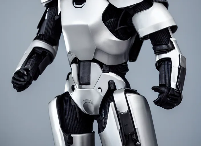 Image similar to cinematic photoshoot of clean modern hand crafted super futuristic tech soldier with exo suit pro display xpr luxury smooth color metal white silver with black leather padding well design ultrareallistic detailed high quality 8 k photorealistic ultra realistic