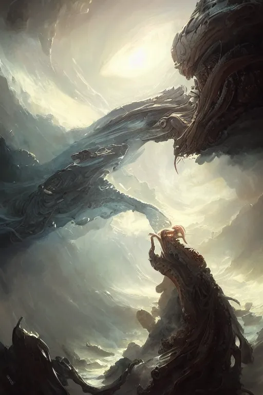 Image similar to art masterpice, cthulu descending from the clouds, intricate, beautiful cinematic lighting, stunning painting by artgerm, caravaggio, android jones, wadim kashin