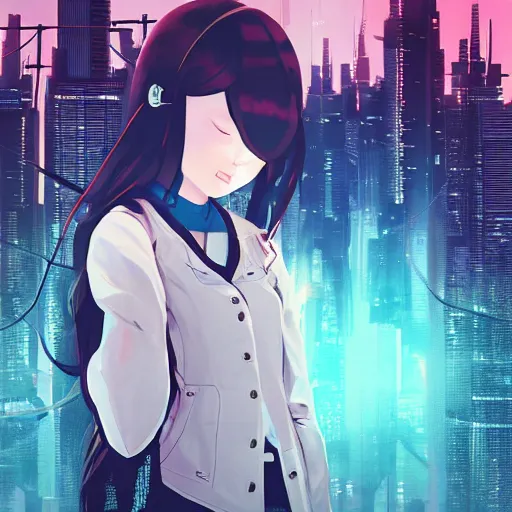 Image similar to Frequency indie album cover, luxury advertisement, white, indigo and teal colors. highly detailed post-cyberpunk sci-fi close-up schoolgirl in asian city in style of cytus and deemo, mysterious vibes, by Ilya Kuvshinov, by Greg Tocchini, nier:automata, set in half-life 2, beautiful with eerie vibes, very inspirational, very stylish, with gradients, surrealistic, postapocalyptic vibes, depth of filed, mist, rich cinematic atmosphere, perfect digital art, mystical journey in strange world, bastion game, arthouse