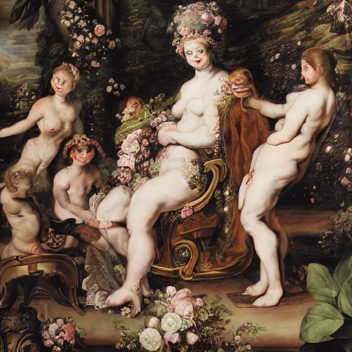 Image similar to realistic Pepe frog relaxed in a king's chair surrounded by beautiful women and flowers, clear weather, Peter Paul Rubens style