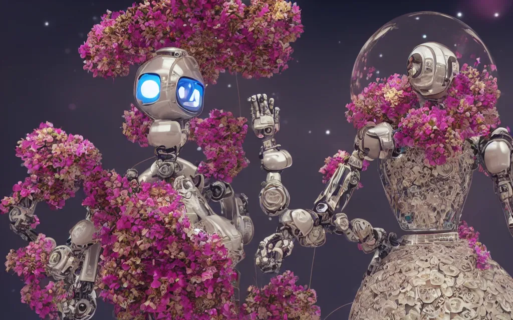 Prompt: a beautiful robot goddess wearing a luxury ball gown adorned with flowers, ultra realistic, 3 d, 8 k, ultra detailed