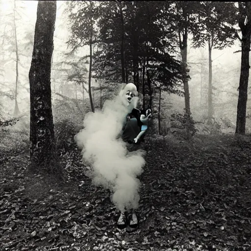 Image similar to teenage boy with skull mask, smoke around him, forest, by sally mann