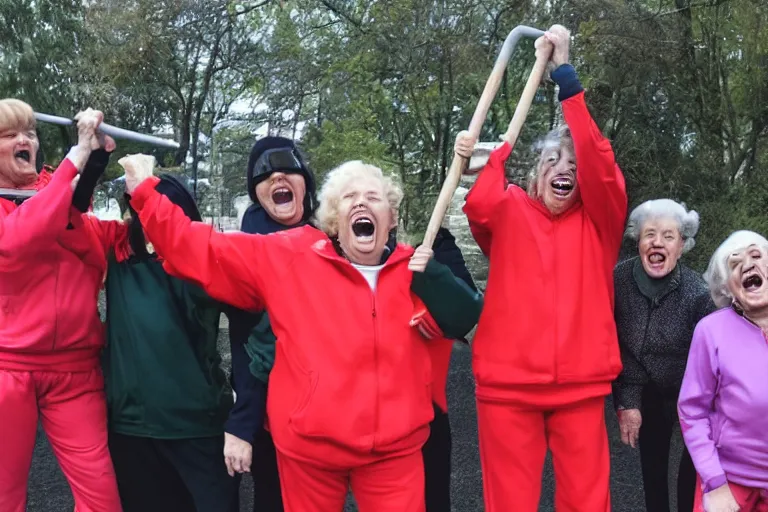 Prompt: a gang of old ladies waving sledge hammers and wearing track suits laughing maniacally and screaming