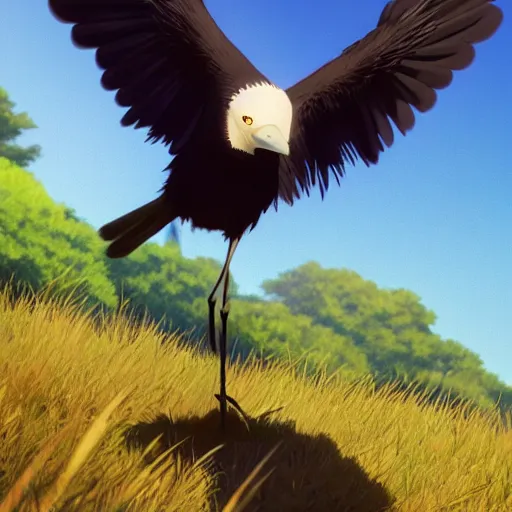 Image similar to a wholesome animation key shot of a crow on a hill, portrait shot, studio ghibli, pixar and disney animation, sharp, rendered in unreal engine 5, anime key art by greg rutkowski, bloom, dramatic lighting, golden hour